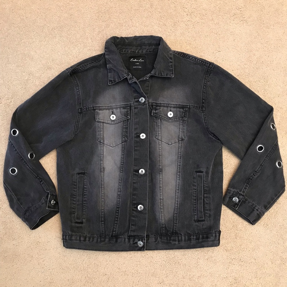 Endless Love Faded Black Denim Jacket Size Large Grommets Moto Grunge Goth Vamp